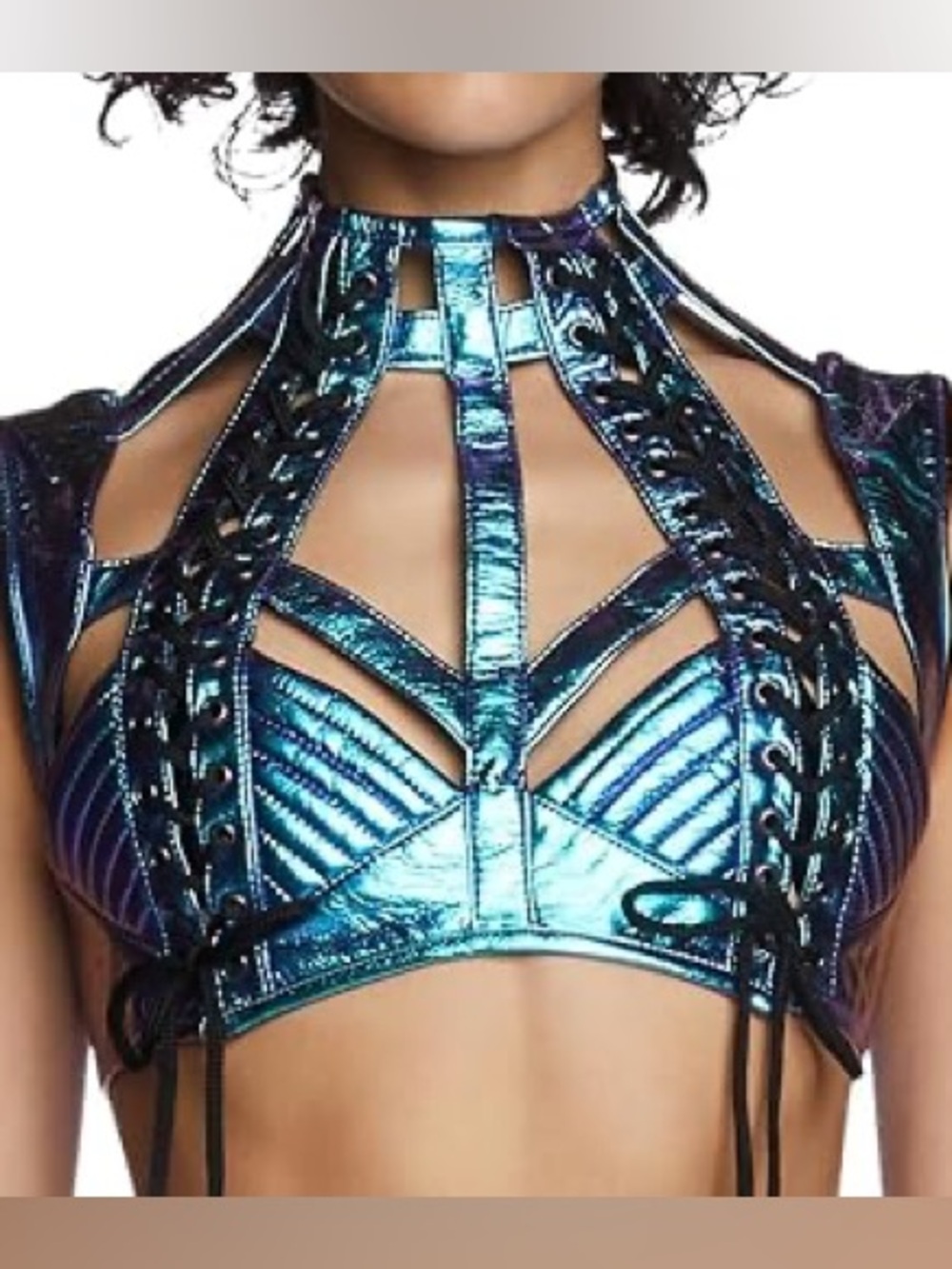 Dolls Kill Club Exx Rude Awakening  Metallic Blue Holographic Harness Bra Top S